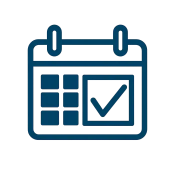 Blue calendar icon with a checkmark on a date indicating a scheduled or completed event.