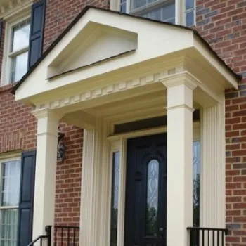 a brick building with a black door