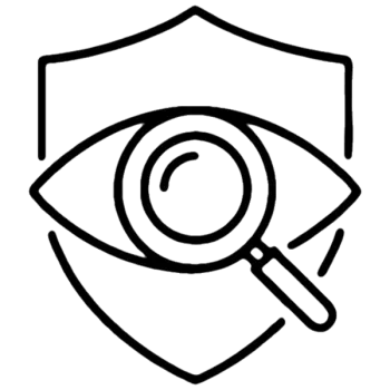 Black line art of an eye with a magnifying glass in front, enclosed by a shield outline symbolizing security and inspection.