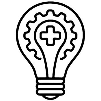 Black outline of a light bulb with a gear and a plus sign inside, symbolizing innovation and positive ideas.