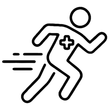 Black outline of a running person with a medical cross on the chest and speed lines behind them.