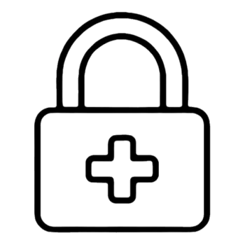 Outline of a padlock featuring a medical cross symbol inside, representing healthcare security or safety.