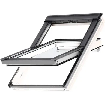 Modern skylight window with an outward-opening glass pane and black frame, isolated on white background