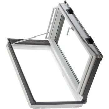 White tilt-and-turn window with double glazing open against a white background, showing hinge and handle details.