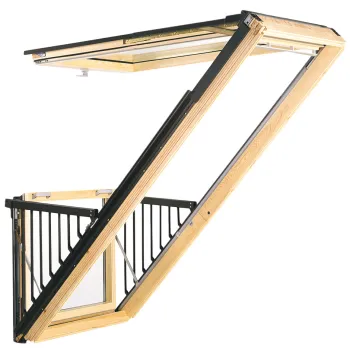 Wood-framed rooftop window with metal balcony railing partially open for ventilation and outdoor access.