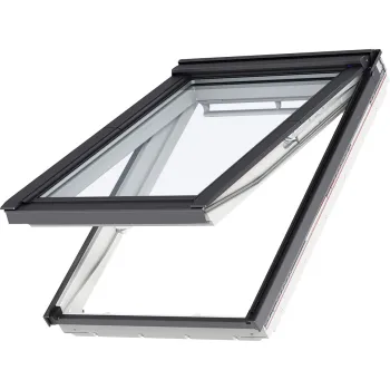 Modern roof window with black frame, glass pane, and tilting opening mechanism shown isolated on white.