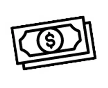 Black and white line drawing of stacked dollar bills with a dollar sign in the center