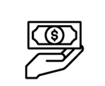 Black line icon of a hand holding a dollar bill with a dollar symbol in the center on a white background