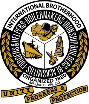 Logo of the International Brotherhood of Boilermakers, featuring welding and shipbuilding icons with unity, progress, protection banners.