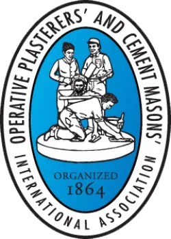 Logo of Operative Plasterers' and Cement Masons' International Association featuring workers and organized 1864 text.