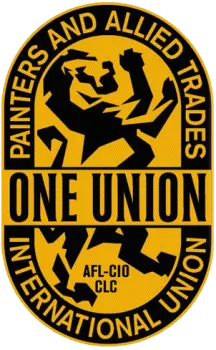 Yellow and black union logo with a lion, text reads Painters and Allied Trades One Union International Union AFL-CIO CLC.
