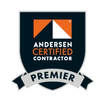 Andersen Certified Contractor Premier badge with orange and white geometric design on dark shield background.