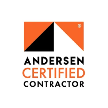 Andersen Certified Contractor logo with orange and black geometric shapes and bold text.
