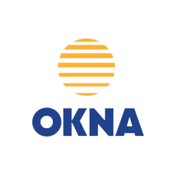 OKNA logo featuring bold blue text and a stylized orange striped circle above it on a transparent background