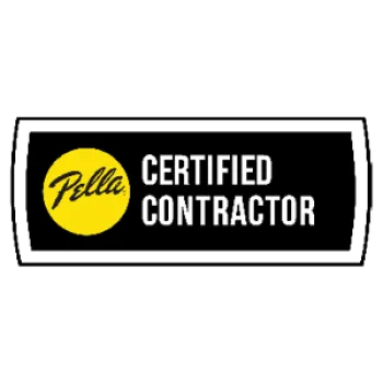 Pella Certified Contractor logo with yellow circle and bold white text on a black background.