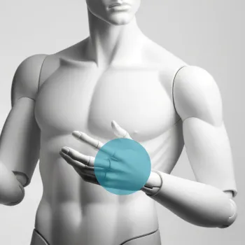 a woman's body with a blue gloved hand