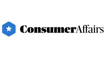 ConsumerAffairs logo with a blue hexagon and white star icon to the left of bold black text on white background.