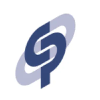 Interlocking dark blue and light purple abstract chain links forming a stylized design on white background