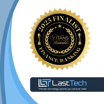 Gold and black 2025 Finalist Finance Banking award seal above Last.Tech company logo with tagline.
