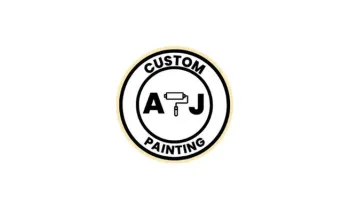 Black and white circular logo with paint roller and text Custom Painting A and J inside two rings
