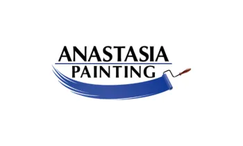 Anastasia Painting logo with black text and a blue paint roller stroke on a white background