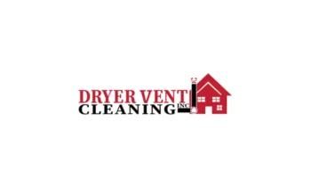 Logo for Dryer Vent Cleaning Inc with red house and black dryer vent graphic on white background