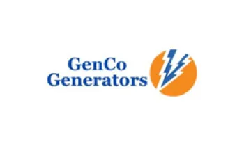 GenCo Generators logo featuring blue text and a blue lightning bolt inside an orange circle on white background