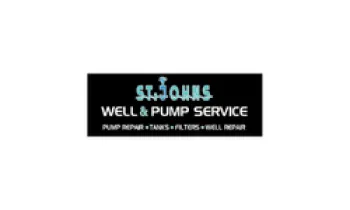 St. Johns Well & Pump Service logo including pump repair, tanks, filters, and well repair services on black background
