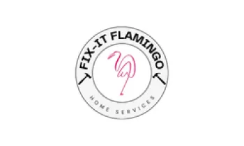 Fix-It Flamingo logo with pink flamingo illustration and text Home Services in circular design