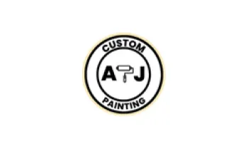 Circular APJ Custom Painting logo with paint roller icon between letters A and J in black and white.