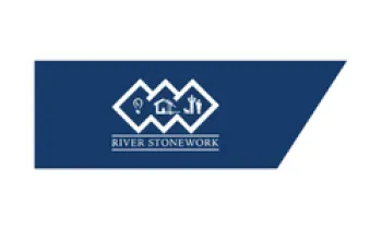 River Stonework logo with icons of a lightbulb, house, and tools on a blue geometric background