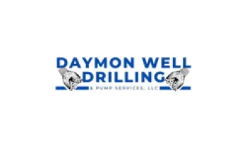Daymon Well Drilling & Pump Services logo with blue text and hand illustrations on white background