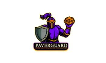 Purple armored knight holding a brick and shield with PAVERCUARD text logo below