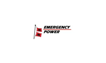 Emergency Power logo with red flag icon and bold black text underlined in red on a white background