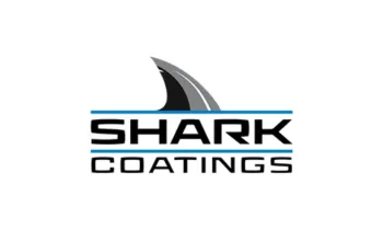 Shark Coatings logo with stylized shark fin above bold modern text and blue horizontal lines on white background