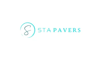 STA Pavers company logo with stylized S in circle and modern blue text on white background