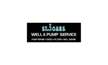 St. Johns Well & Pump Service logo with services including pump repair, tanks, filters, and well repair on black background.