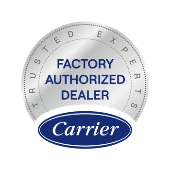 Silver seal badge with Factory Authorized Dealer text and Carrier logo beneath Trust Experts text