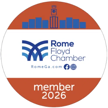 Rome Floyd Chamber member badge for 2026 with logo and city skyline in orange and blue colors.