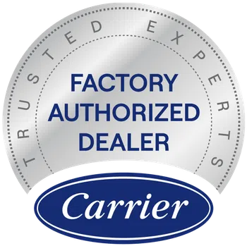 Silver seal badge with Factory Authorized Dealer text and Carrier logo beneath Trust Experts text