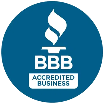 Better Business Bureau BBB Accredited Business logo with white flame icon on blue circular background
