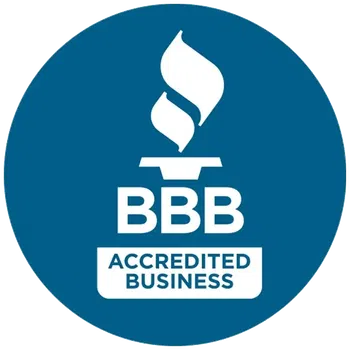 Better Business Bureau BBB Accredited Business logo with white flame icon on blue circular background