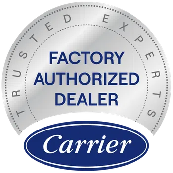 Silver seal badge with Factory Authorized Dealer text and Carrier logo beneath Trust Experts text