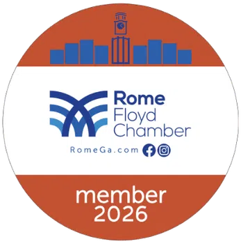 Rome Floyd Chamber member badge for 2026 with logo and city skyline in orange and blue colors.