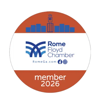 Rome Floyd Chamber member badge for 2026 with logo and city skyline in orange and blue colors.