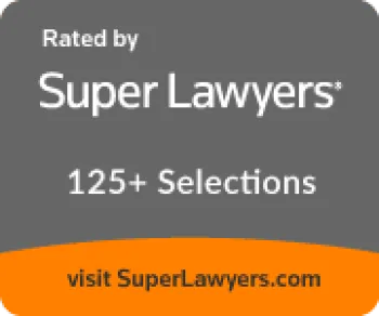Super Lawyers badge indicating 125+ selections with website link on gray and orange background