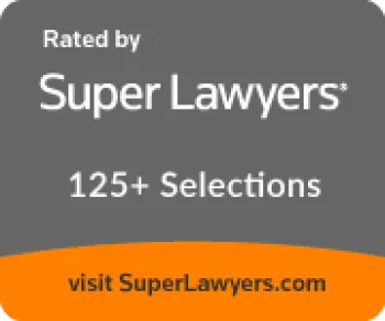 Super Lawyers badge indicating Meriwether & Tharp has over 125+ selections in family law and divorce with website link on gray and orange background