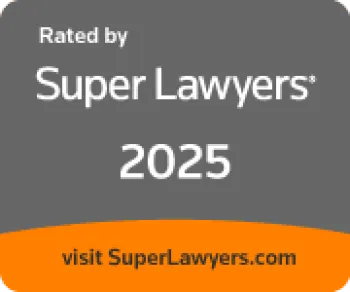 2025 Super Lawyers badge indicating recognized rated lawyers with website link on gray and orange background