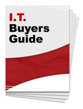 I.T. Buyers Guide cover with bold text and red abstract wave design on stacked pages.
