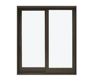 Modern dark brown sliding glass door with two large clear glass panels and a handle on the left side